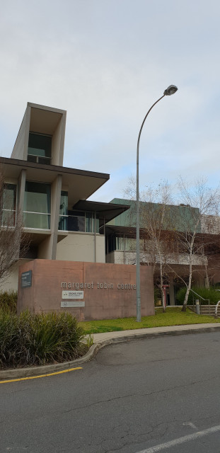 The entrance to the Margaret Tobin Centre is via stairs adjacent to this sign