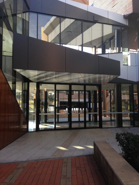 An entrance from when you approach from the main campus