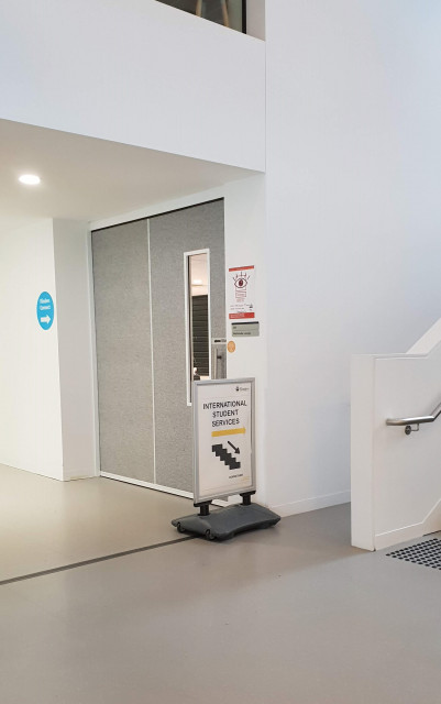 An entrance to the multimedia room from inside the Hub