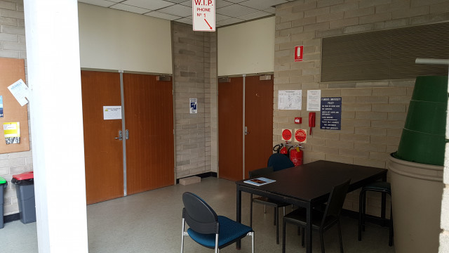 B12 lecture theatre main entrance from indoor staircase garden.
