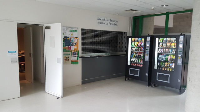 Cold beverage vending machine beside Tele theatre.