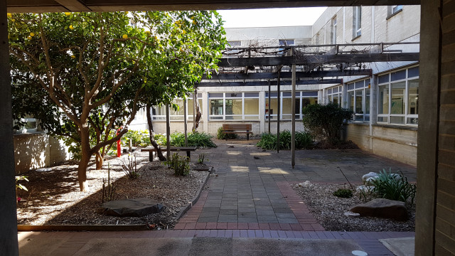 Earth sciences courtyard from lakeside walk.