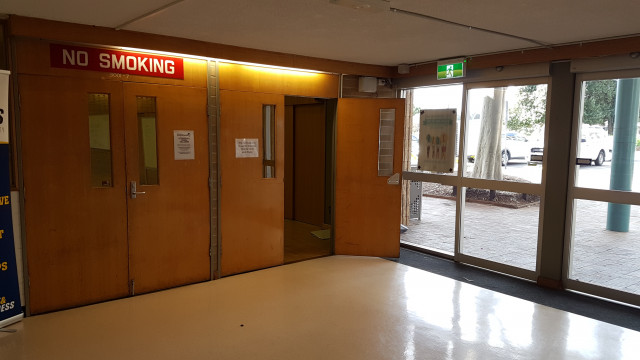 Entrance to basketball court just inside the main entrance.