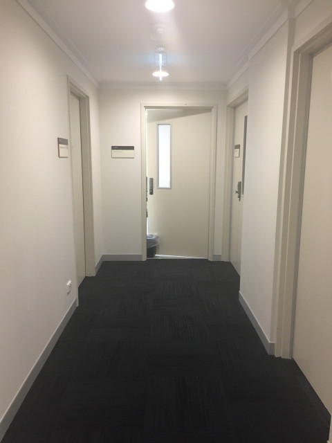 First door on the left.