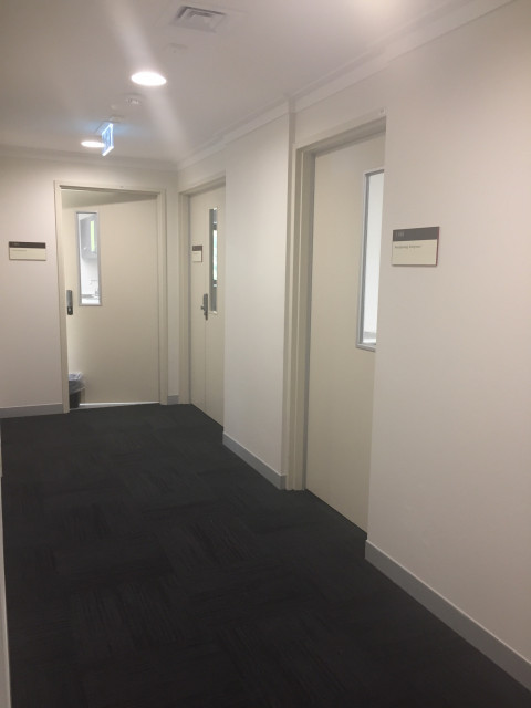 First door on the right.