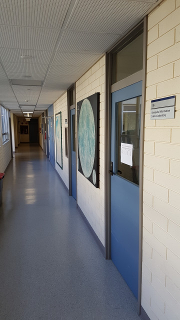 Geospatial information science laboratory from the courtyard entrance. Door 1