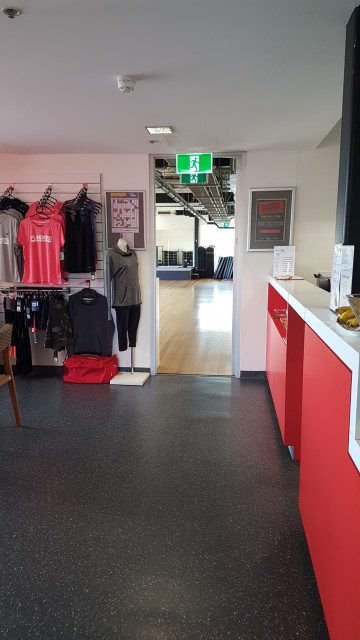 Group fitness room from reception and cafe.
