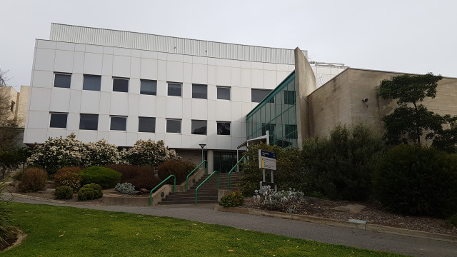 Lakeside entrance on the northeast corner of the building.