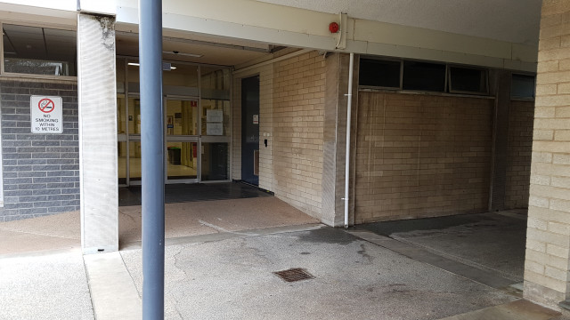 Level 0 entrance on the northwest corner of the building.