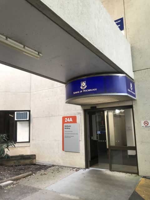 Main entry to the building, which is located at the back of the Social Sciences building via the stairs the connect Social Sciences and McElwain Building