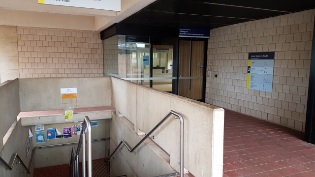 Reception entrance from car park 4 beside stairs down to the courtyard.