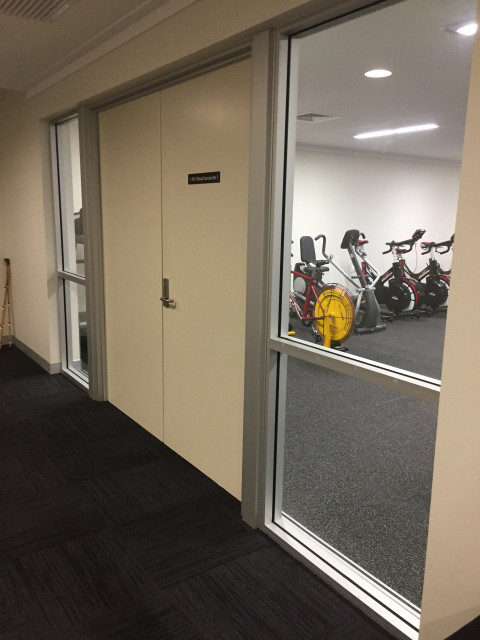Second door on the right.
