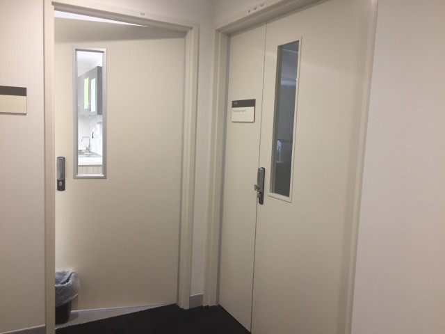 Second door on the right.