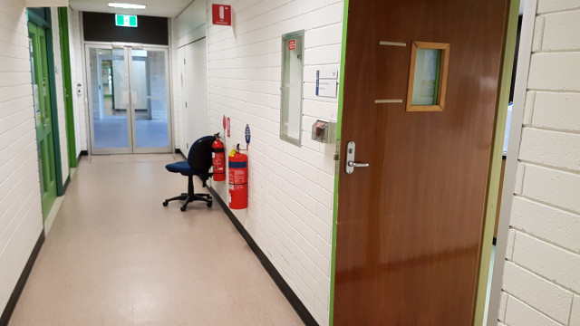 Senior chemistry lab 243 facing the main building entrance.