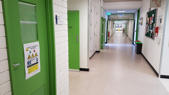 Senior physics laboratory 216 from the northwest corner.