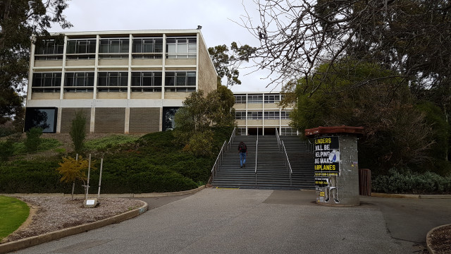 Stairs to anchor court and the Physical Sciences building.