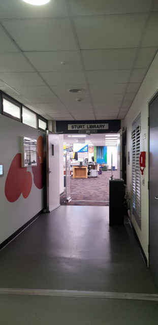 The main entrance to Sturt Library, via level 2 of the South Wing