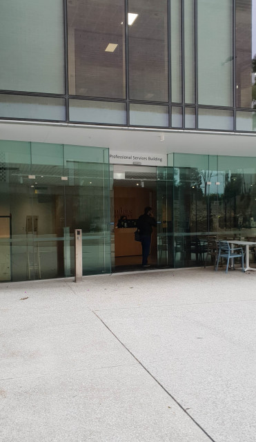 The main entrance to the Professional Services Building