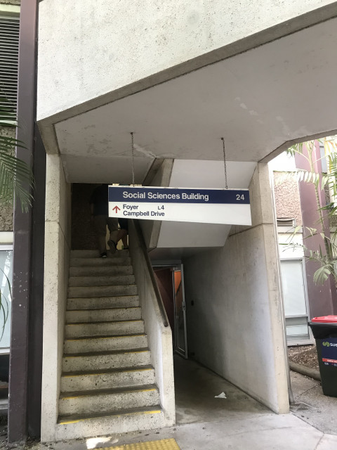 This is the stairs the connect the Social Sciences and McElwain building, which also serves as entry to the levels within the McElwain Building