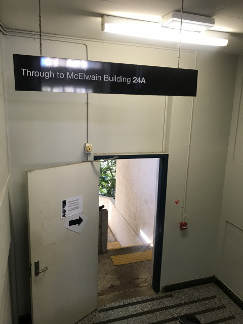 This is the stairs within the Social Sciences Building which leads to the stairs that connect the Social Sciences Building to the McElwain Building.