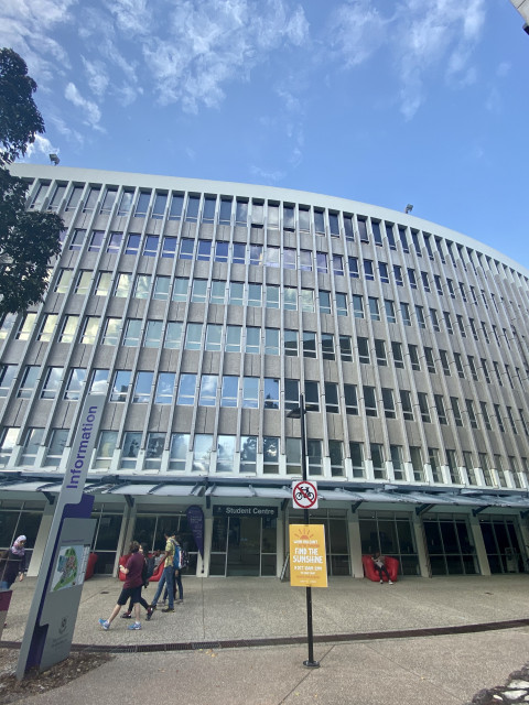 View of the building via UQ Chacellor’s place, the student centre can be seen in this photo