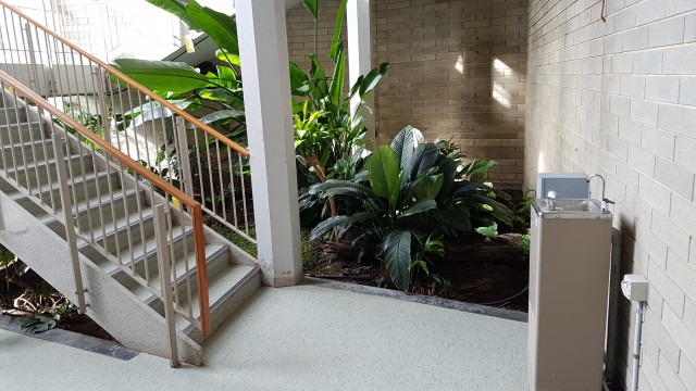 Water bubbler at the base of the stairs beside the indoor garden.